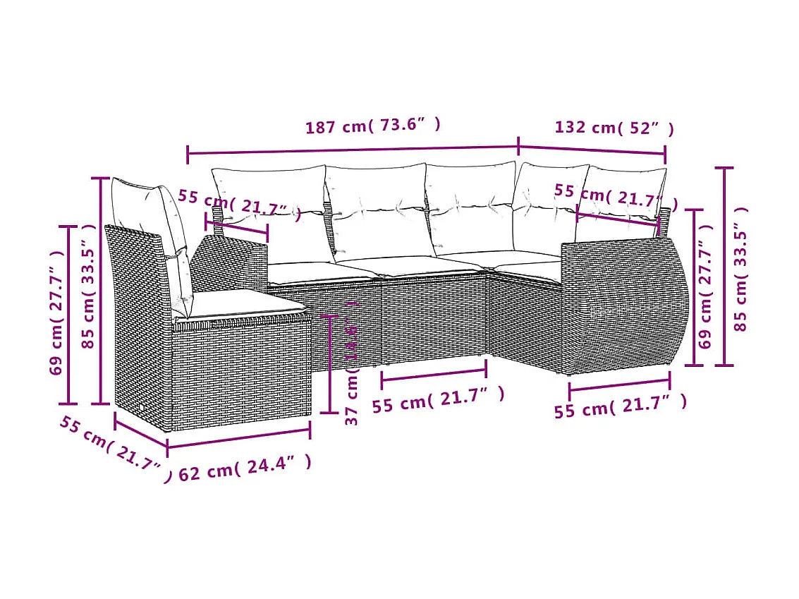 5-delige Loungeset met kussens poly rattan zwart BE309902