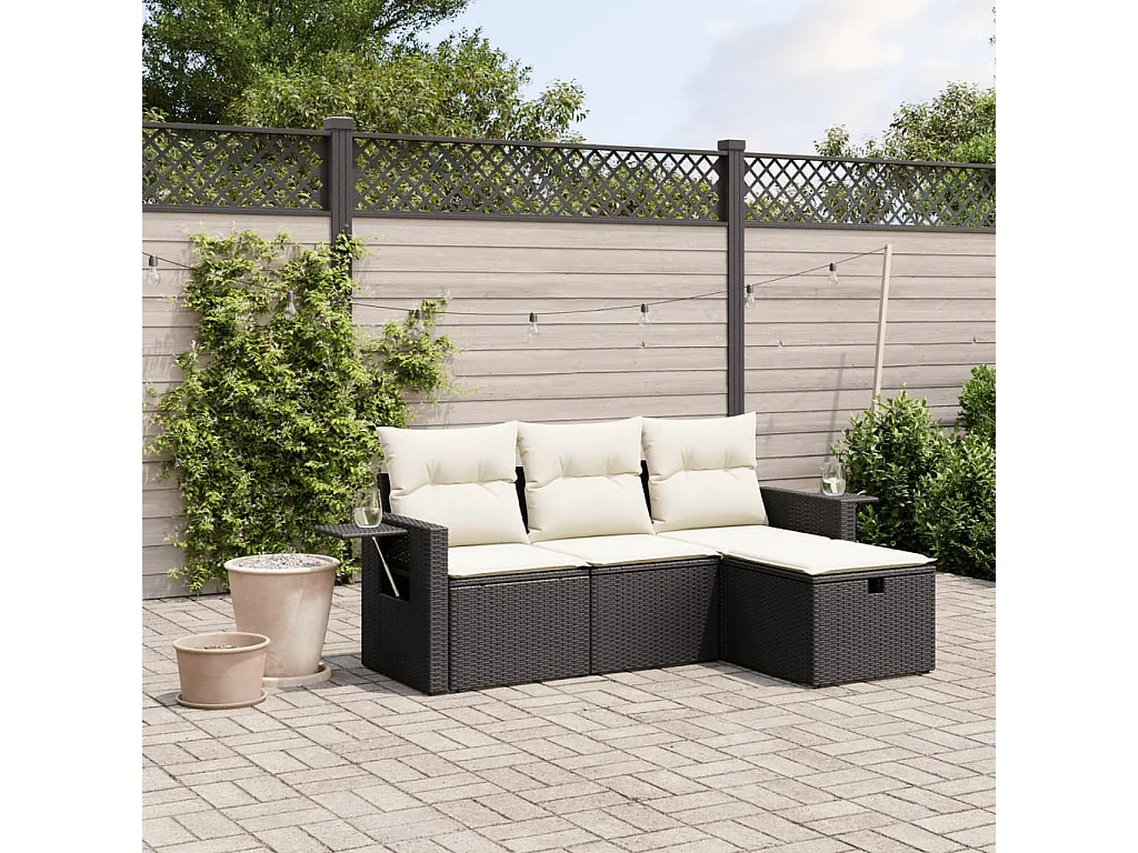 Salon de jardin 4 pcs avec coussins noir résine tressée FR12614