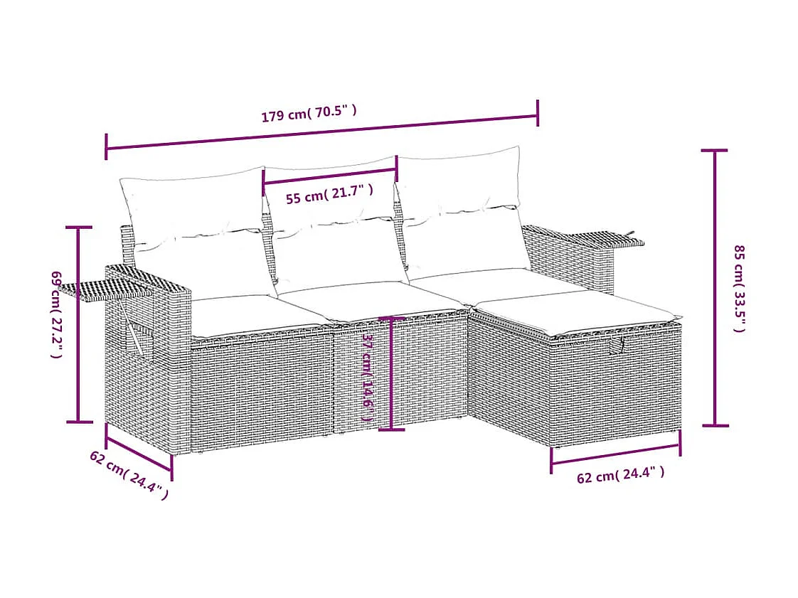 Salon de jardin 4 pcs avec coussins noir résine tressée FR12614