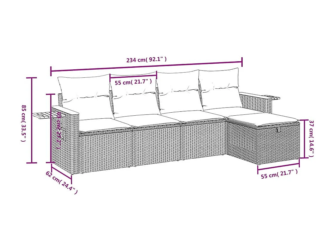 5 pcs conjunto sofás de jardim com almofadões vime PE preto PT581950