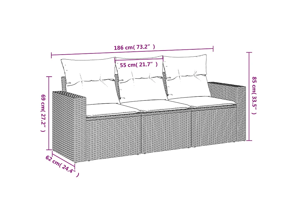 3 pcs conjunto sofás de jardim com almofadões vime PE preto PT166181