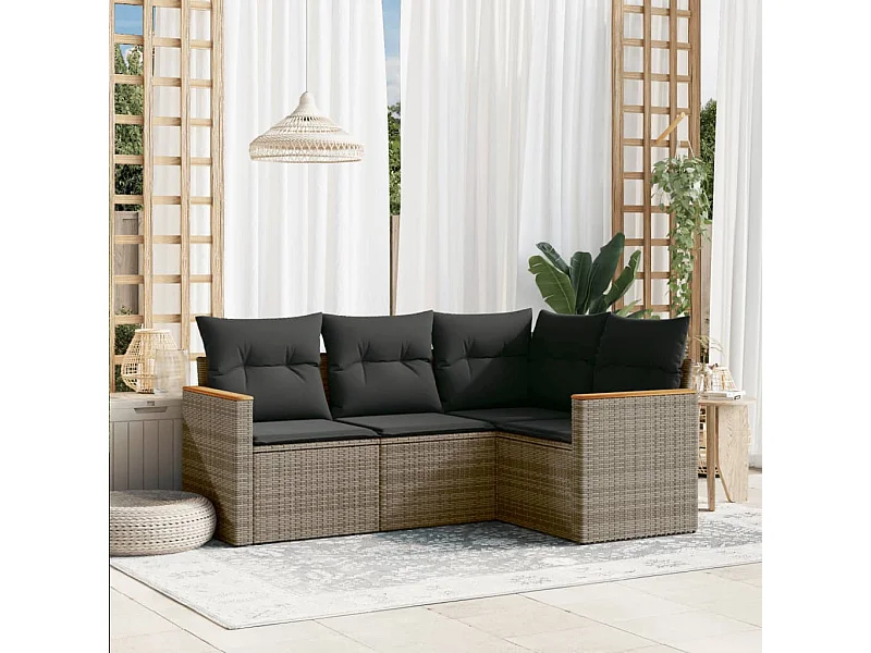 Salon de jardin 4 pcs avec coussins gris résine tressée FR53026