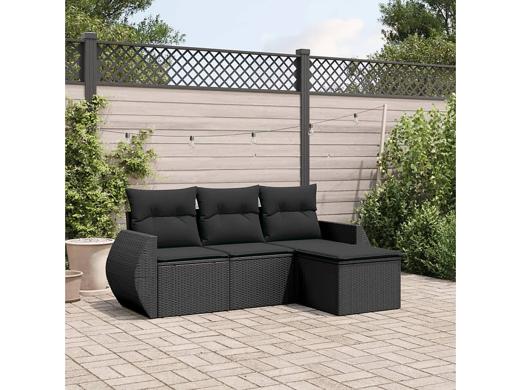 Salon de jardin 4 pcs avec coussins noir résine tressée FR64829