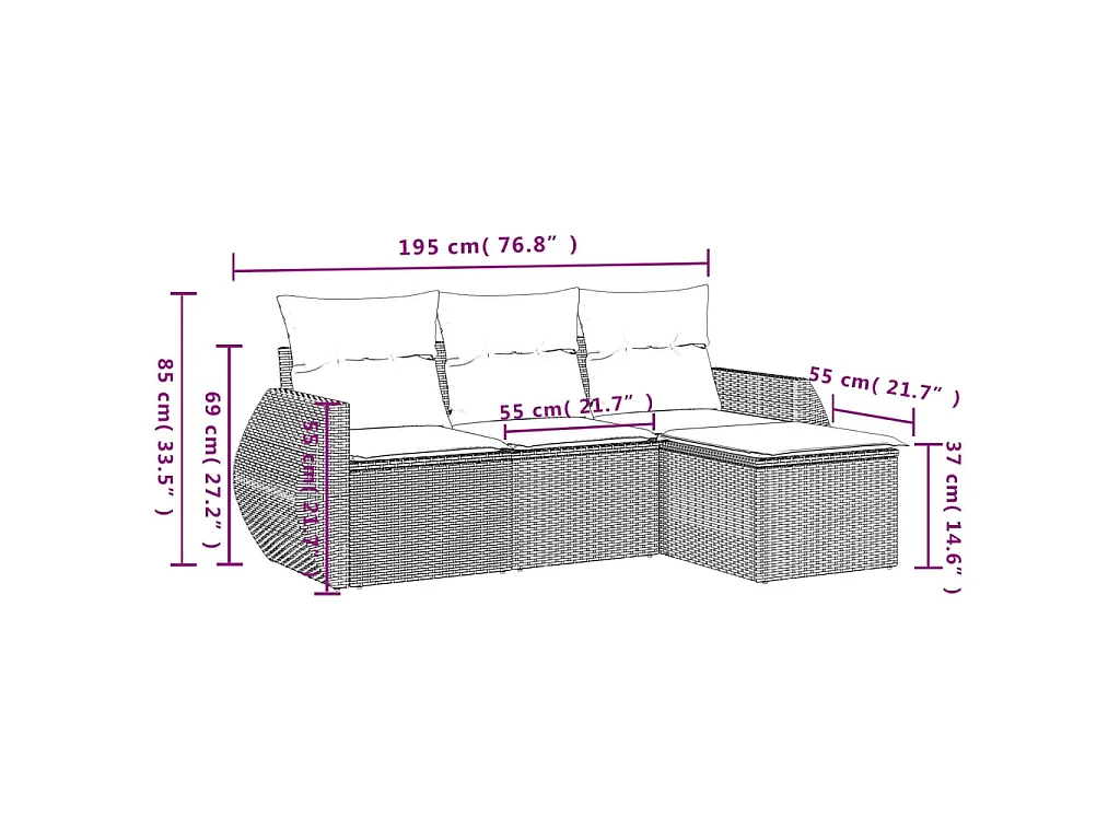 Salon de jardin 4 pcs avec coussins noir résine tressée FR64829
