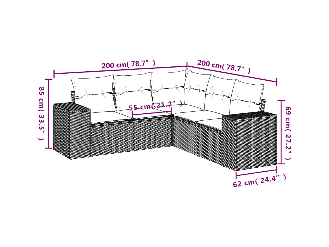 Salon de jardin 5 pcs avec coussins gris résine tressée FR78023