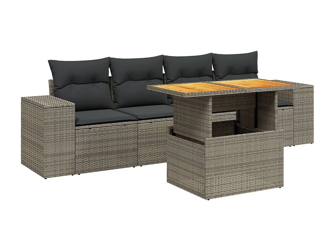 5 pcs conjunto sofás de jardim c/ almofadões vime PE cinzento PT112678