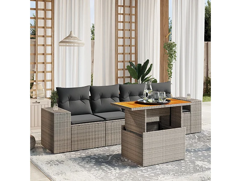 5 pcs conjunto sofás de jardim c/ almofadões vime PE cinzento PT112678