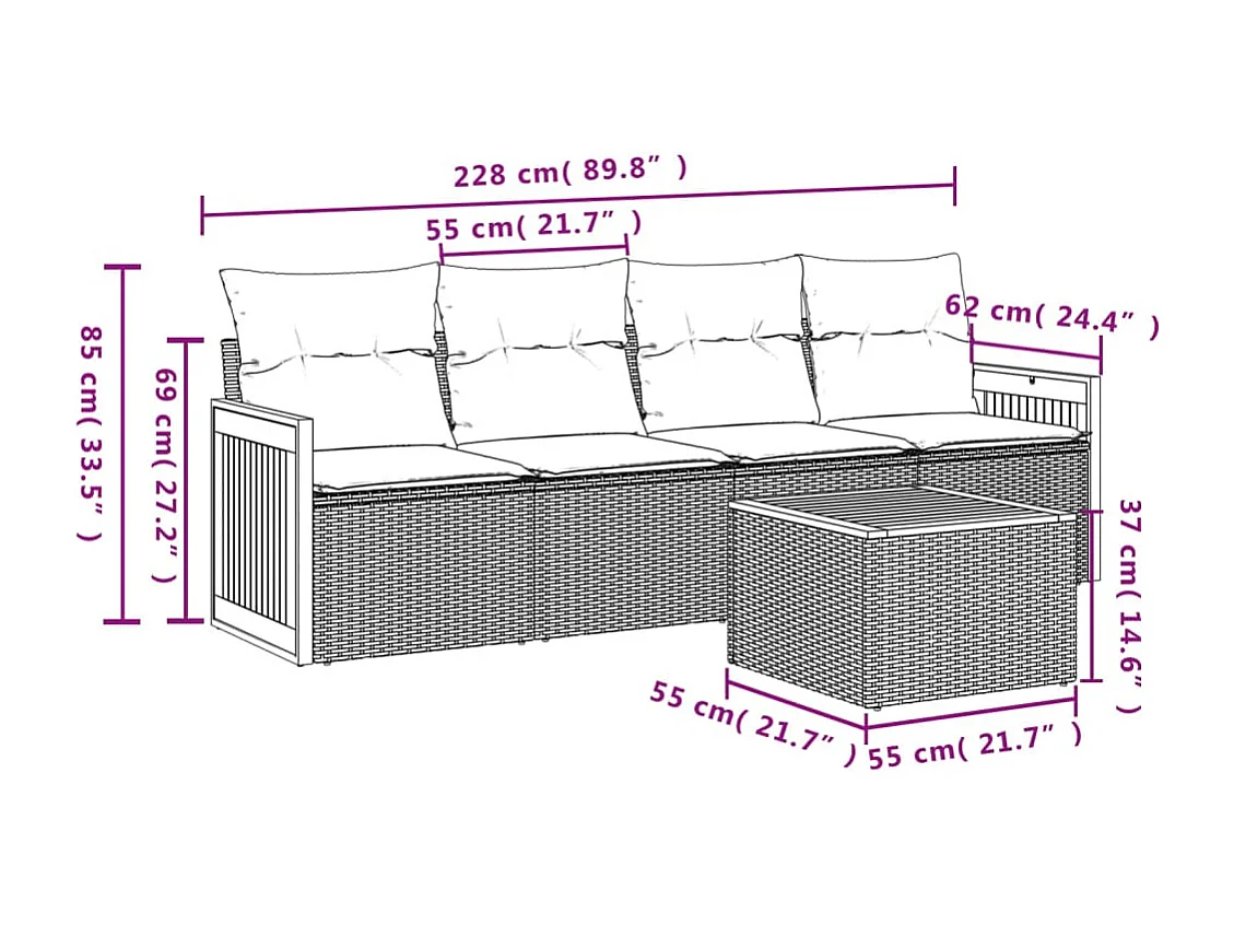 5 pcs conjunto sofás de jardim com almofadões vime PE preto PT197933