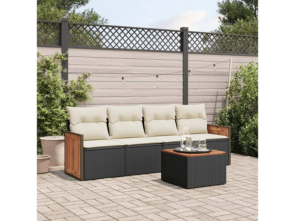 Salon de jardin 5 pcs avec coussins noir résine tressée FR75346