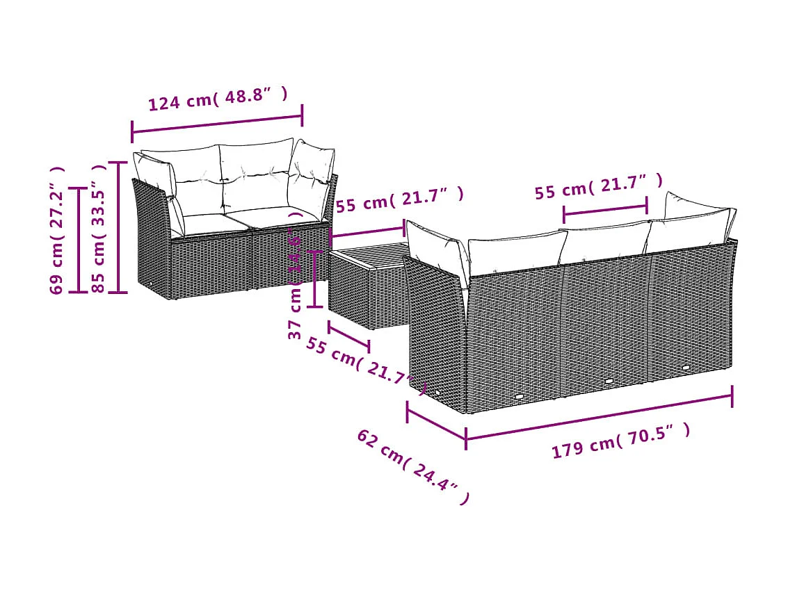 6 pcs conjunto sofás de jardim com almofadões vime cinzento PT220902