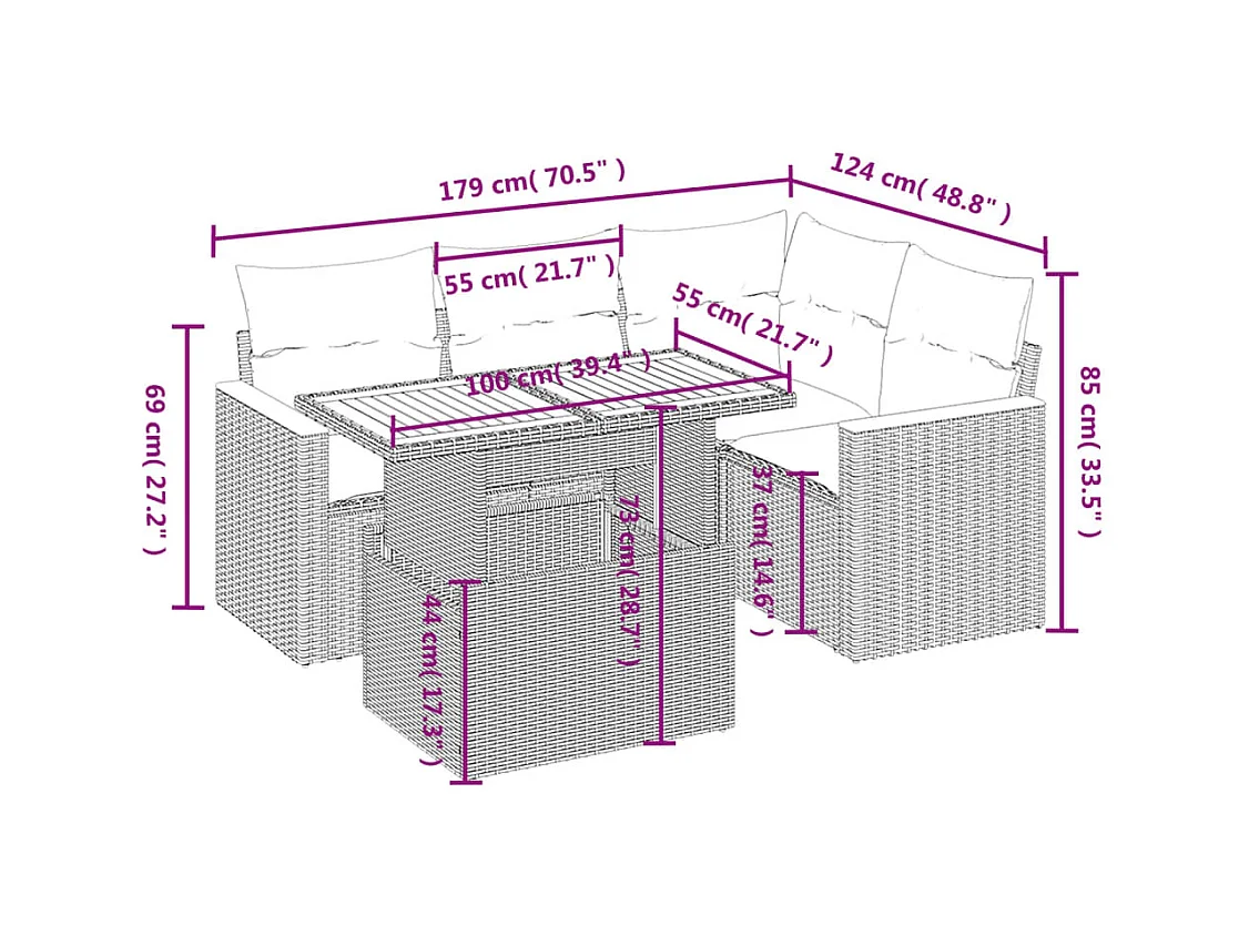 5 pcs conjunto sofás de jardim com almofadões vime PE preto PT877208
