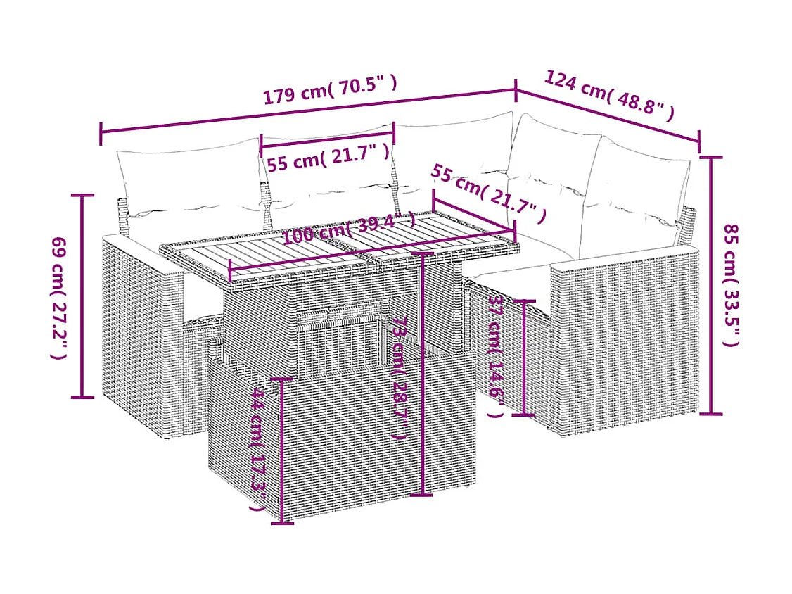 5 pcs conjunto sofás de jardim com almofadões vime PE preto PT877208