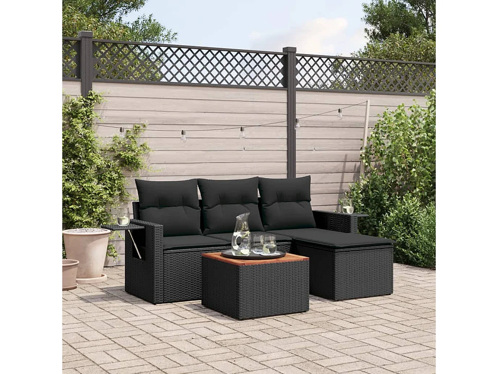 Salon de jardin 5 pcs avec coussins noir résine tressée FR66378