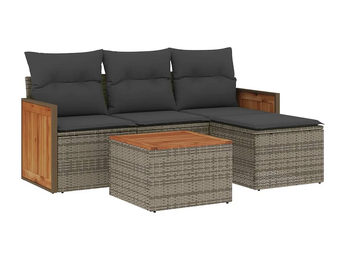 5 pcs conjunto sofás de jardim c/ almofadões vime PE cinzento PT285077