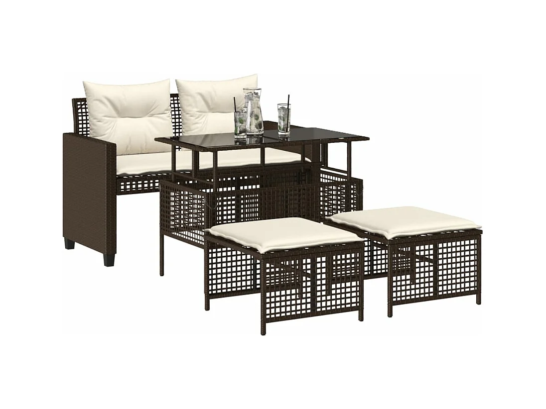 Salon de jardin avec coussins 4 pcs marron résine tressée verre FR25924