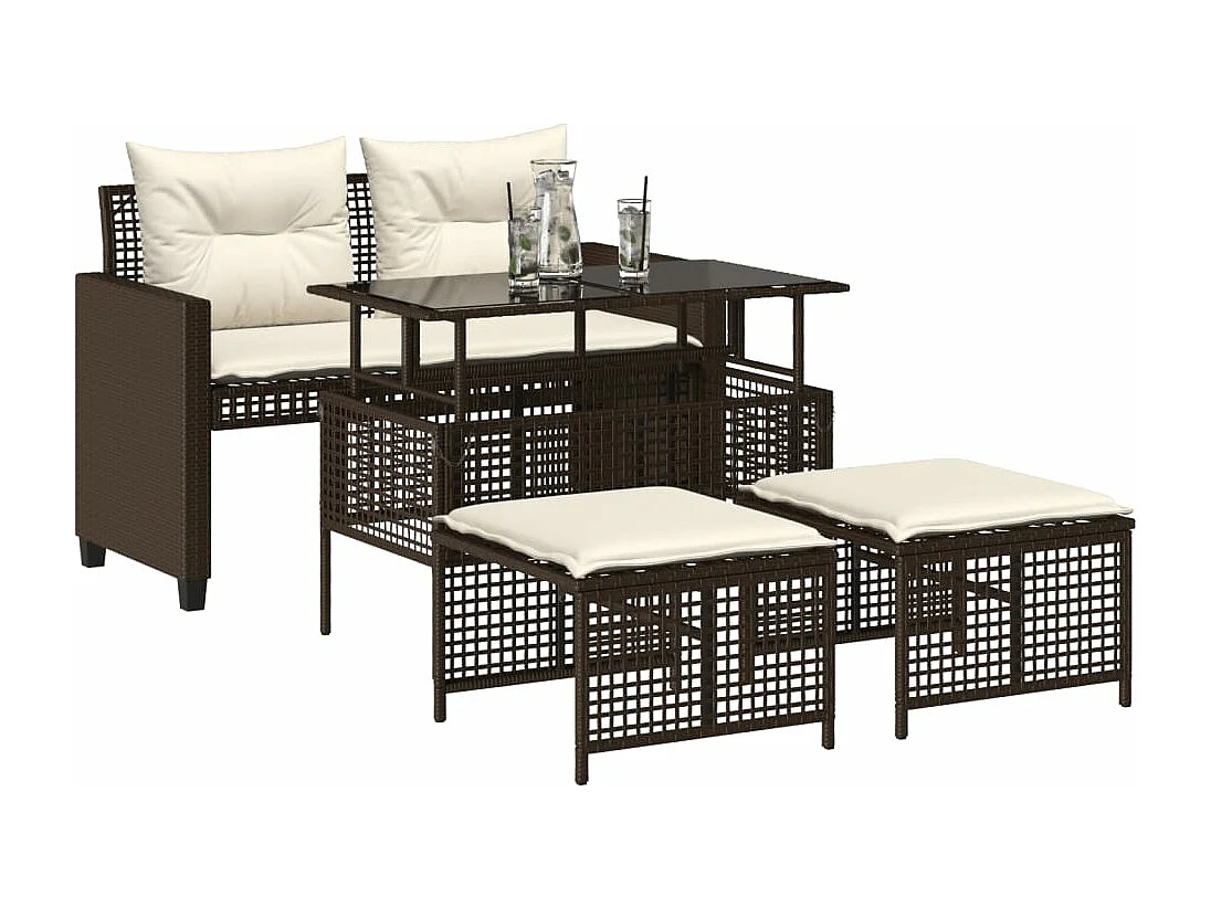 Salon de jardin avec coussins 4 pcs marron résine tressée verre FR25924