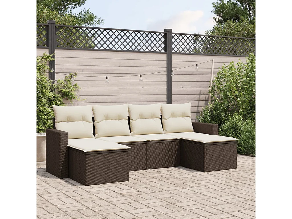 6 pcs conjunto de sofás jardim c/ almofadões vime PE castanho PT447563