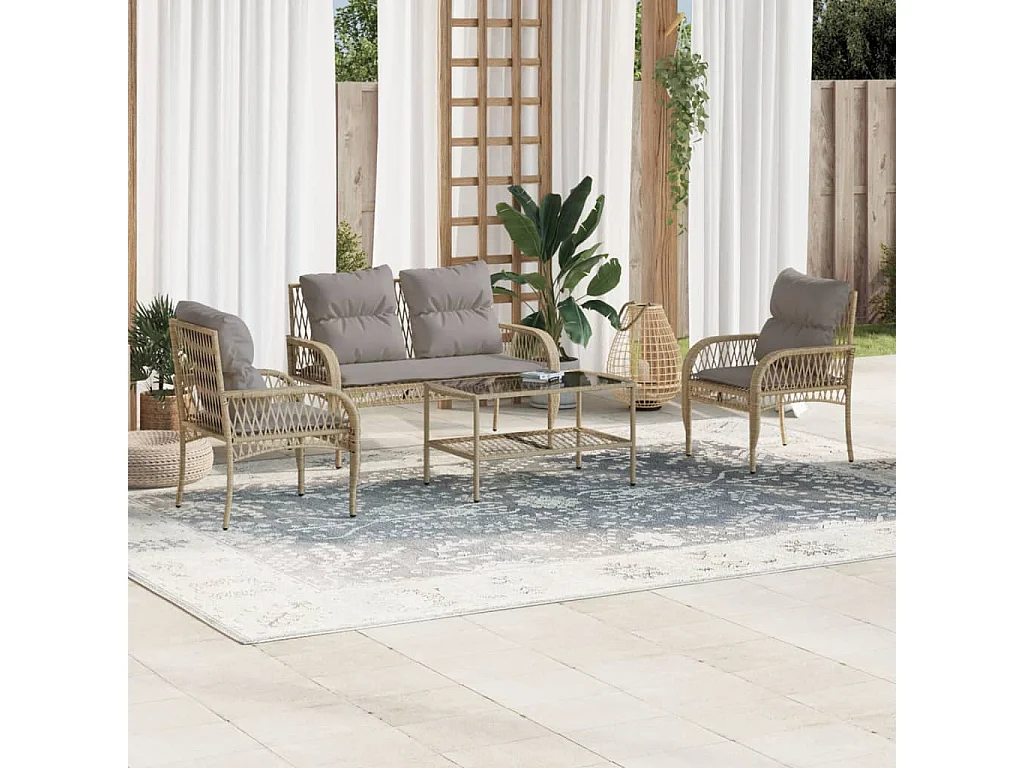 4 pcs conjunto de sofás para jardim c/ almofadões vime PE bege PT311637