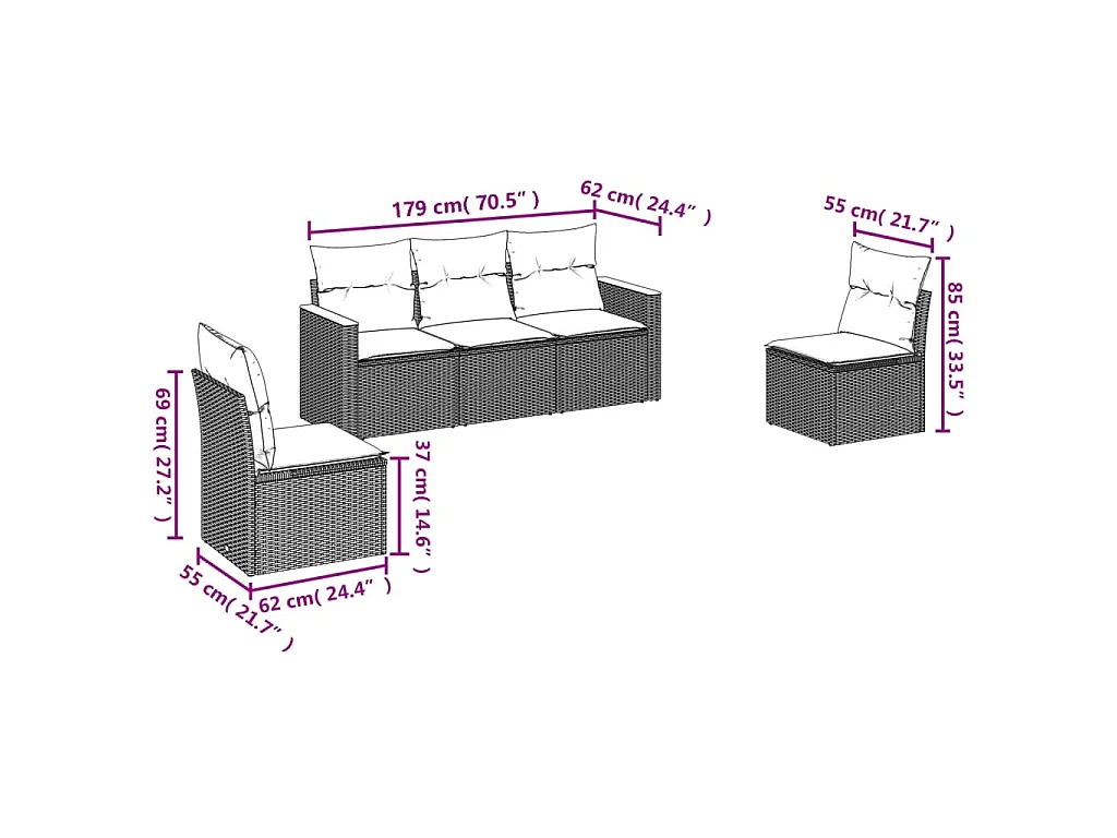Salon de jardin 5 pcs avec coussins noir résine tressée FR60033