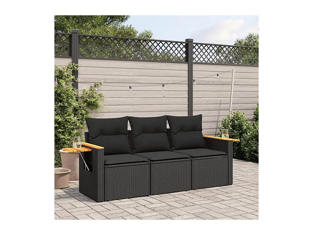 Salon de jardin 3 pcs avec coussins noir résine tressée FR66238