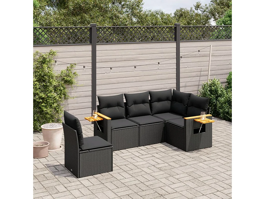 5 pcs conjunto sofás de jardim com almofadões vime PE preto PT965840