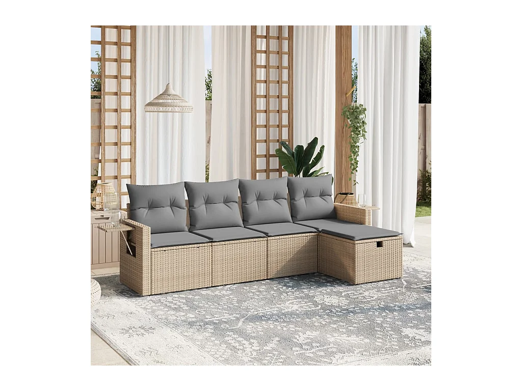 5 pcs conj. sofás jardim c/ almofadões vime PE bege misturado PT228623