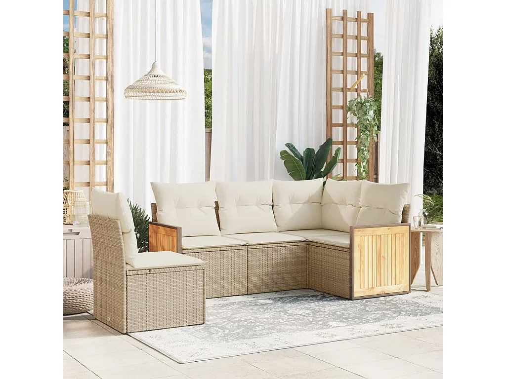 5 pcs conjunto de sofás p/ jardim com almofadões vime PE bege PT906598