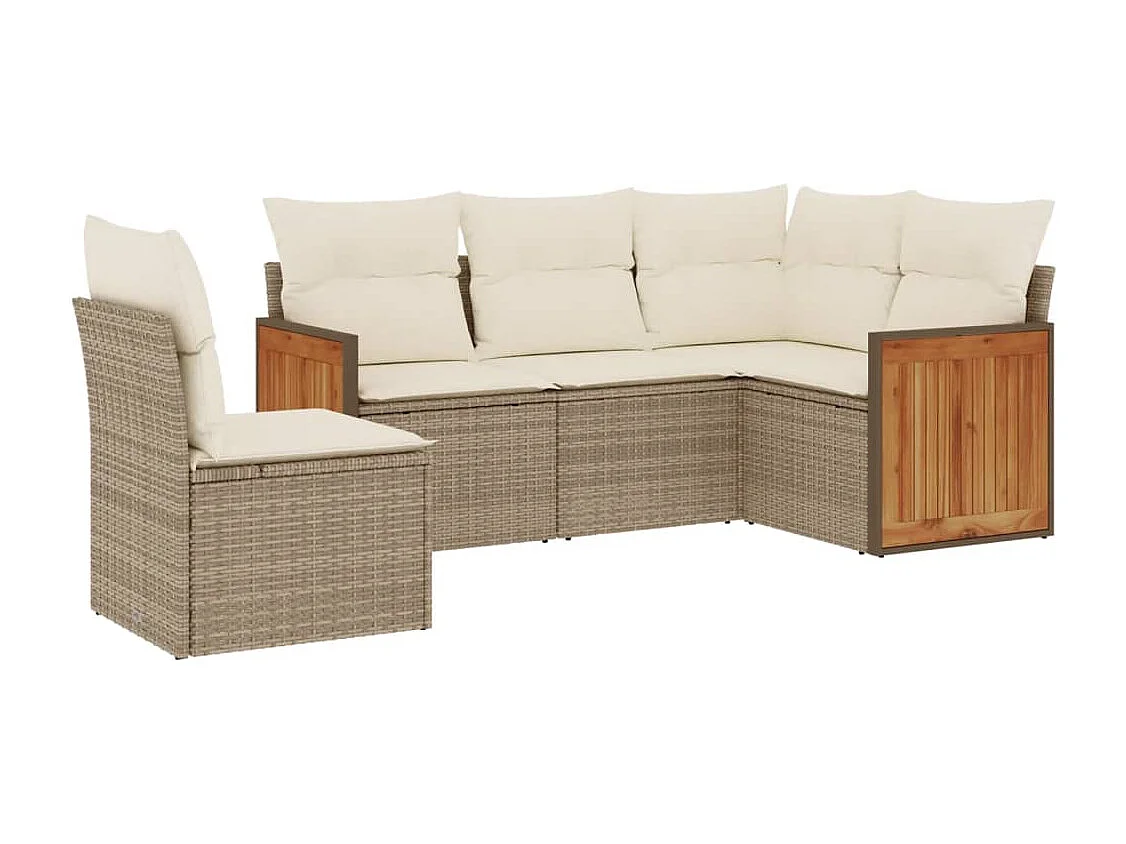 5 pcs conjunto de sofás p/ jardim com almofadões vime PE bege PT906598