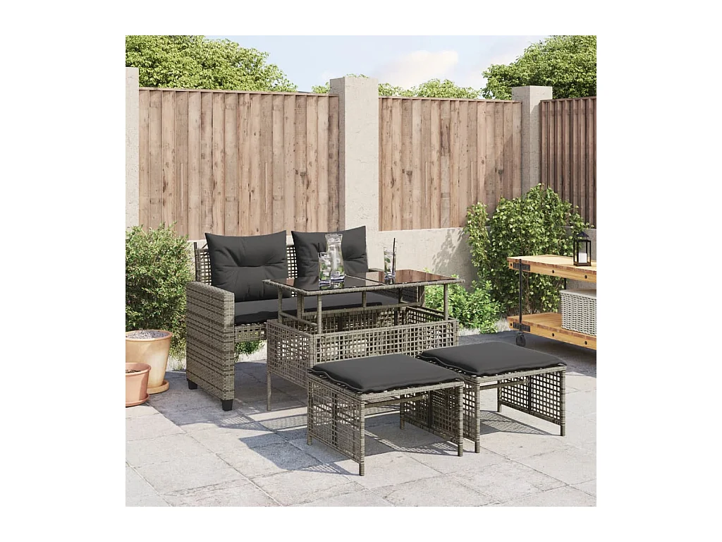 Salon de jardin avec coussins 4 pcs gris résine tressée verre FR23040