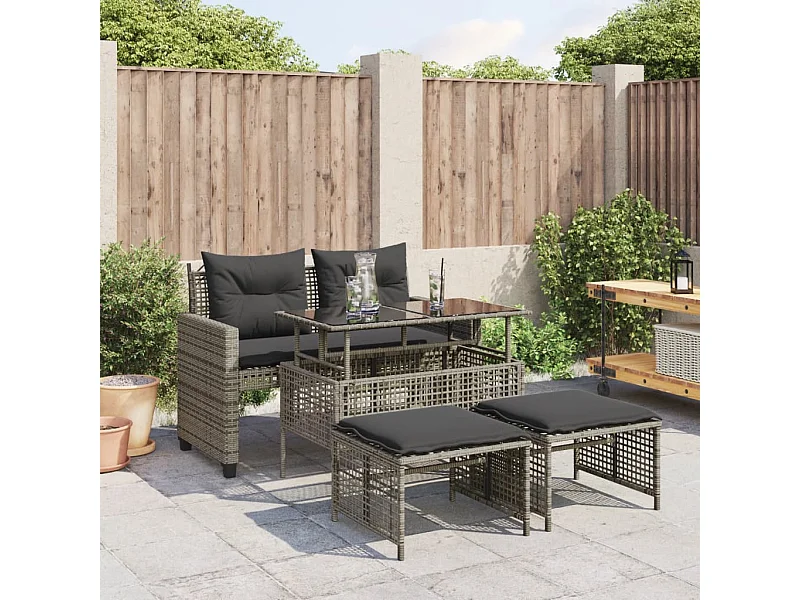 Salon de jardin avec coussins 4 pcs gris résine tressée verre FR23040