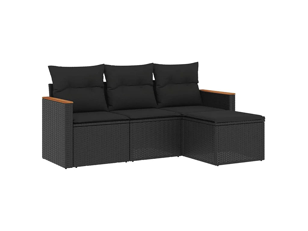 Salon de jardin 4 pcs avec coussins noir résine tressée FR14281
