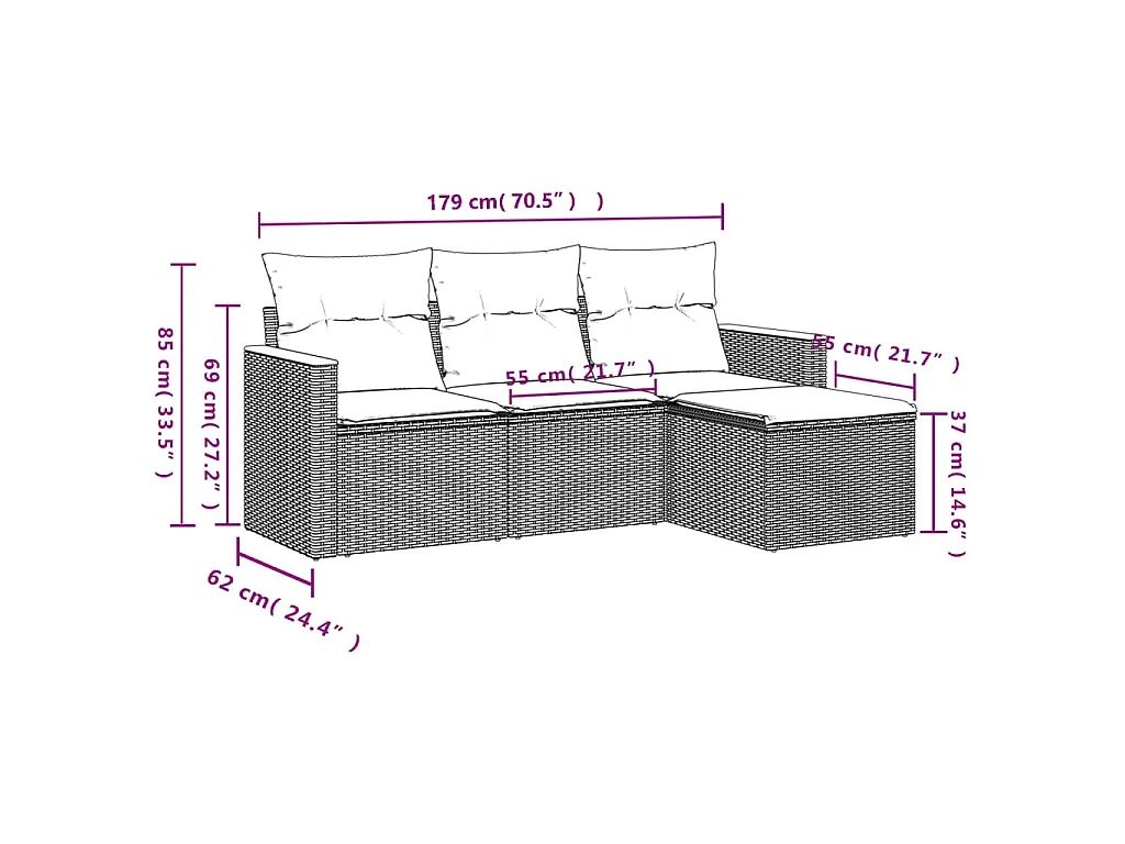 Salon de jardin 4 pcs avec coussins noir résine tressée FR14281
