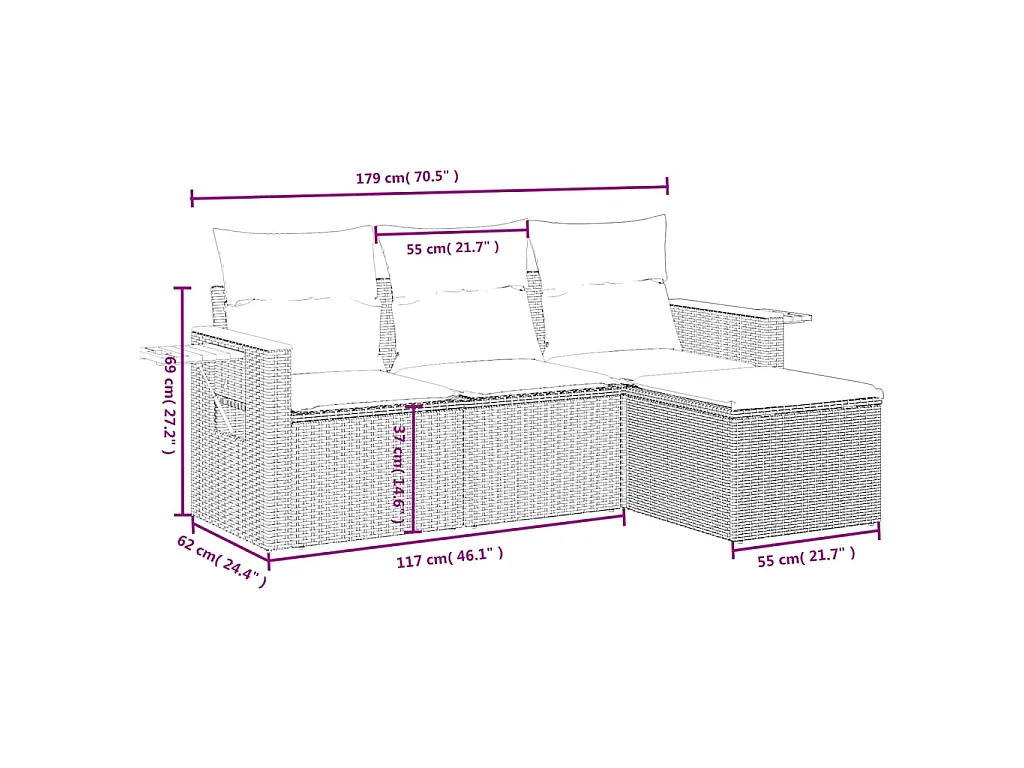4-delige Loungeset met kussens poly rattan zwart BE326565