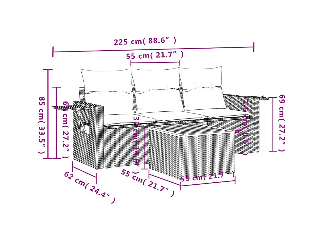 Salon de jardin 4 pcs avec coussins gris résine tressée FR59278