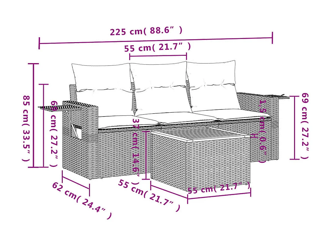 4 pcs conjunto sofás de jardim c/ almofadões vime PE cinzento PT786467