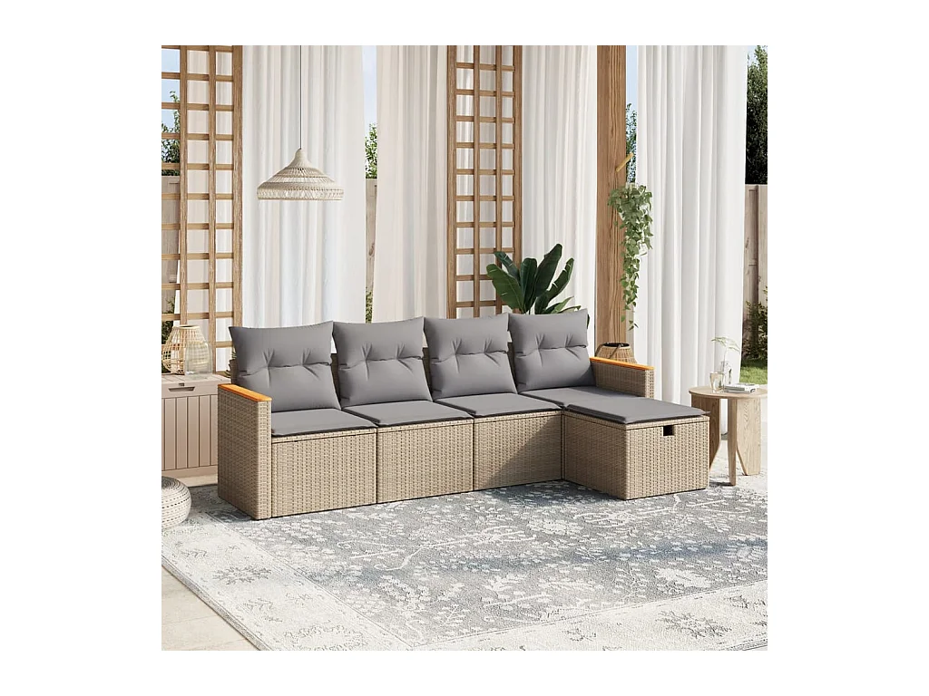 5 pcs conj. sofás jardim c/ almofadões vime PE bege misturado PT651575