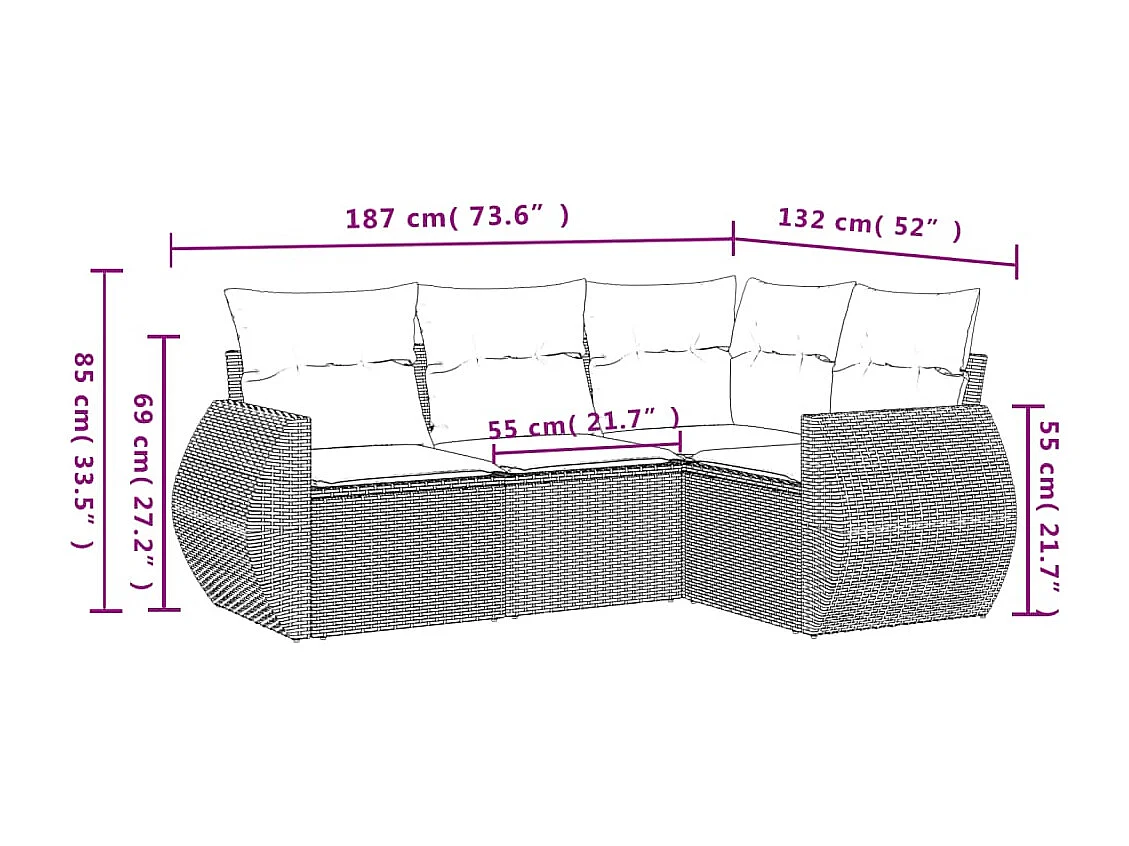 4 pcs conjunto de sofás para jardim c/ almofadões vime PE preto PT762062