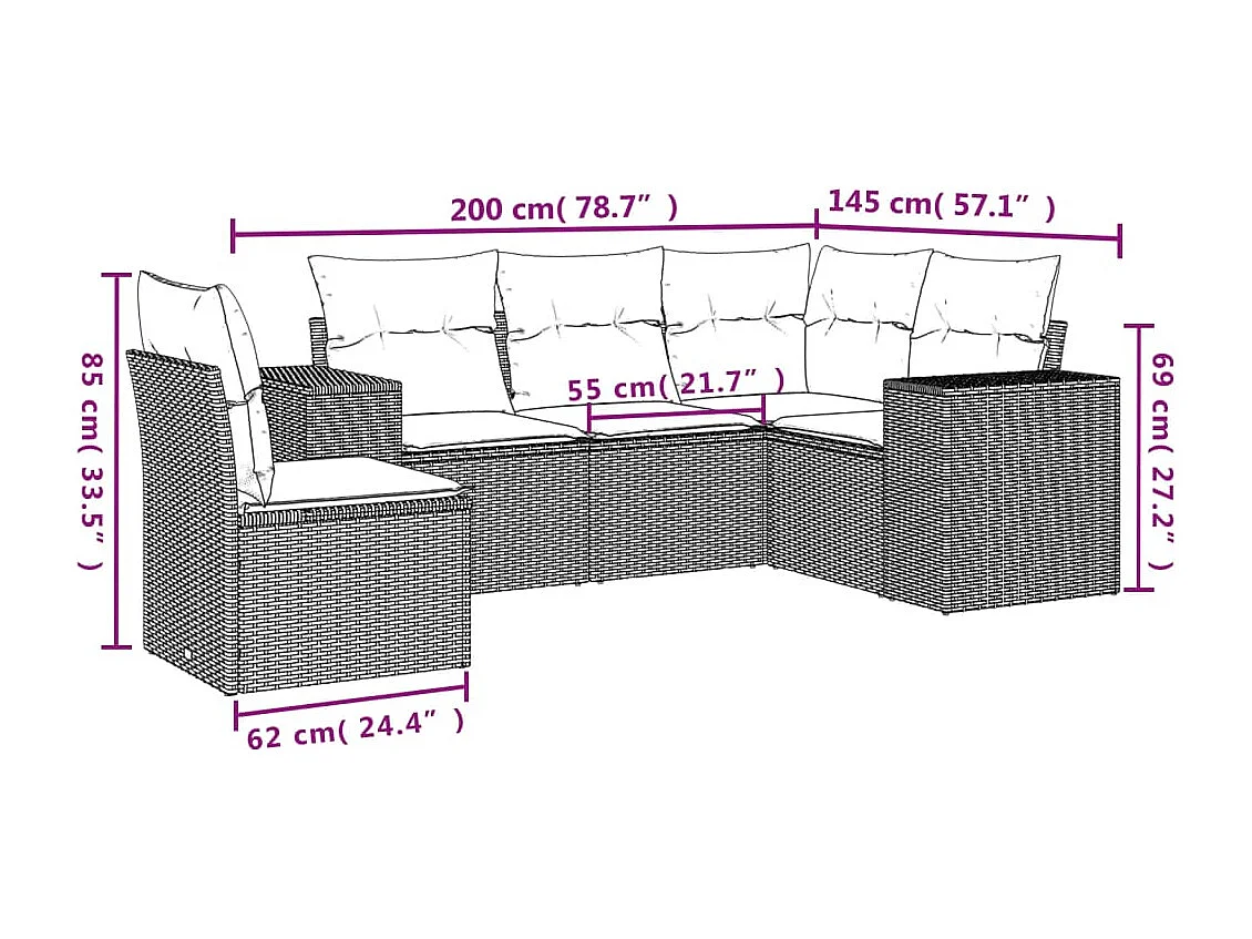 5-delige Loungeset met kussens poly rattan grijs BE134563