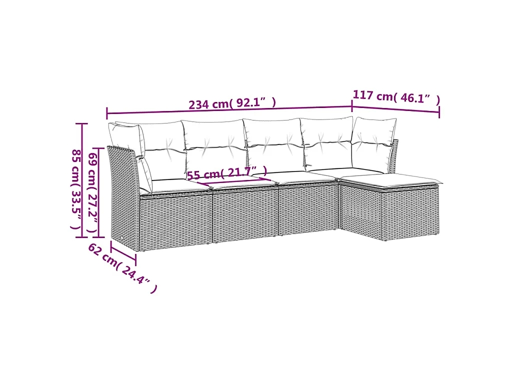 Salon de jardin avec coussins 5 pcs marron résine tressée FR14573