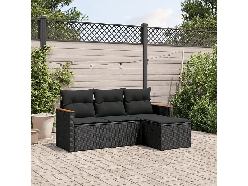 Salon de jardin 4 pcs avec coussins noir résine tressée FR14476