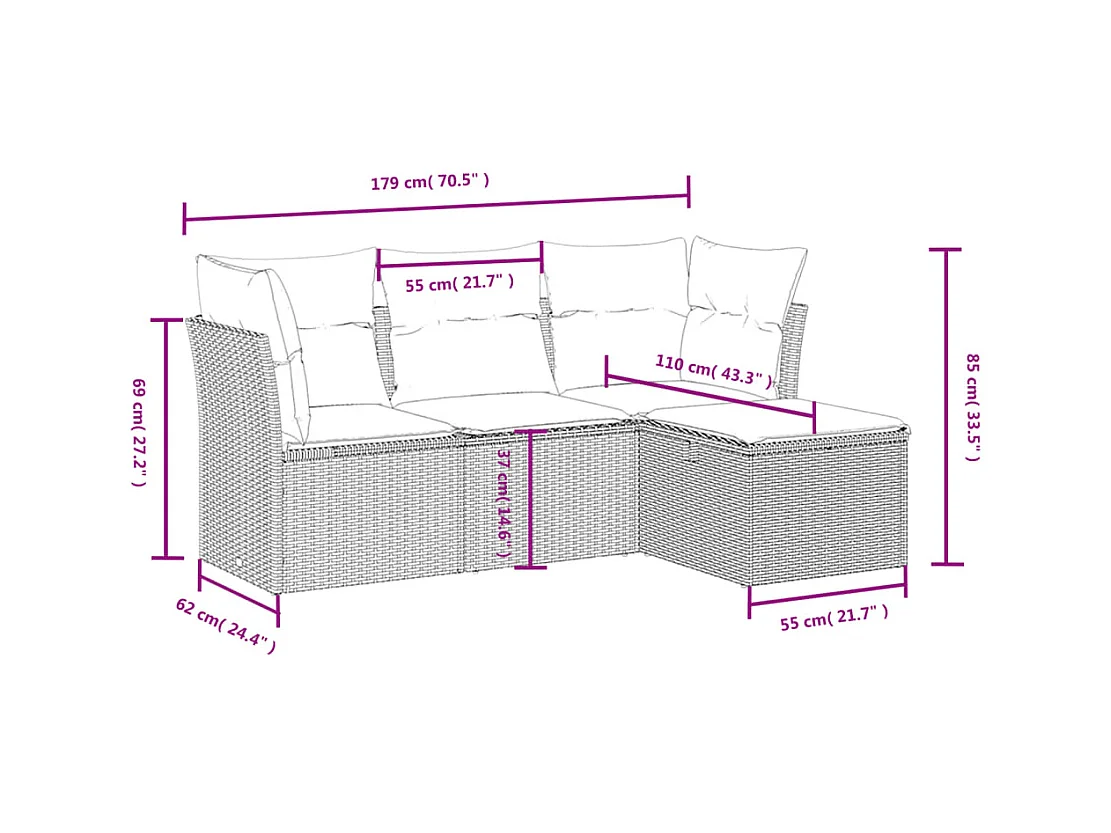 4 pcs conjunto de sofás para jardim c/ almofadões vime PE preto PT669393
