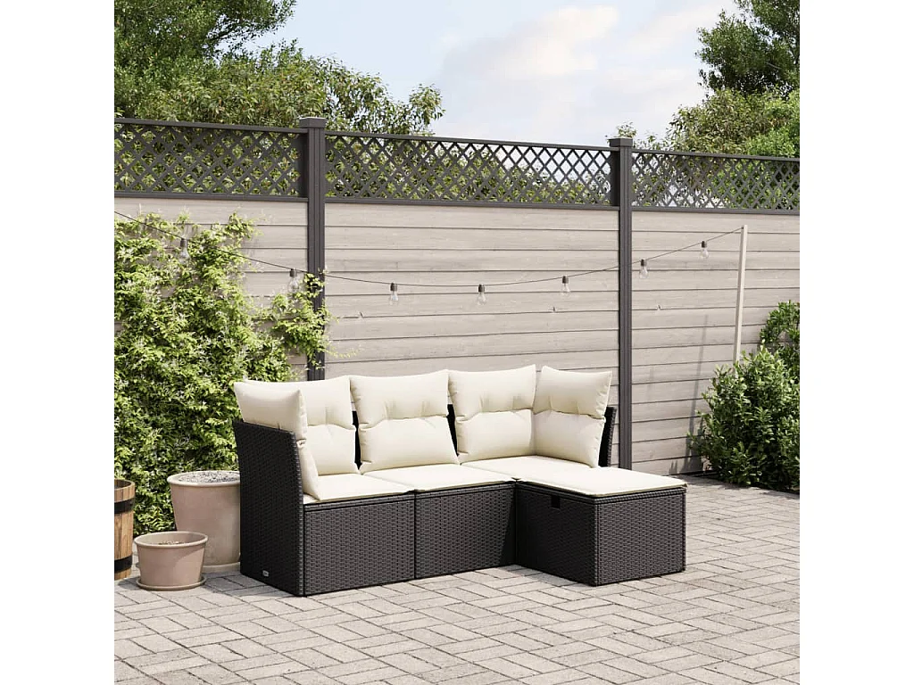 Salon de jardin 4 pcs avec coussins noir résine tressée FR89995