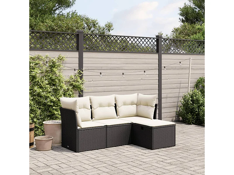Salon de jardin 4 pcs avec coussins noir résine tressée FR89995