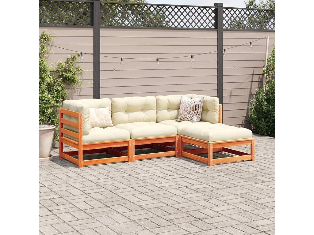 Salon de jardin 4 pcs avec coussins cire marron bois pin massif FR90862