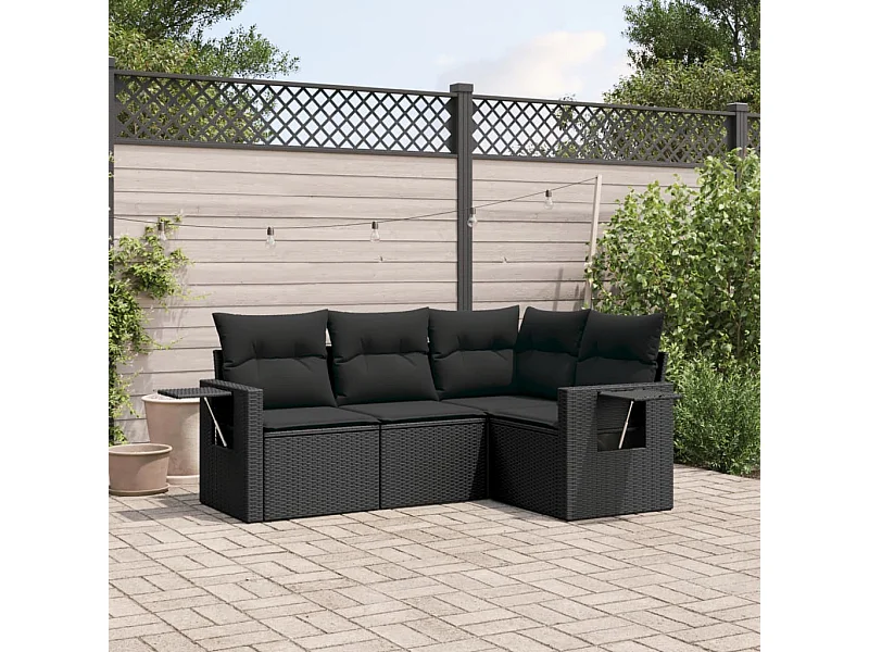 Salon de jardin 4 pcs avec coussins noir résine tressée FR60222