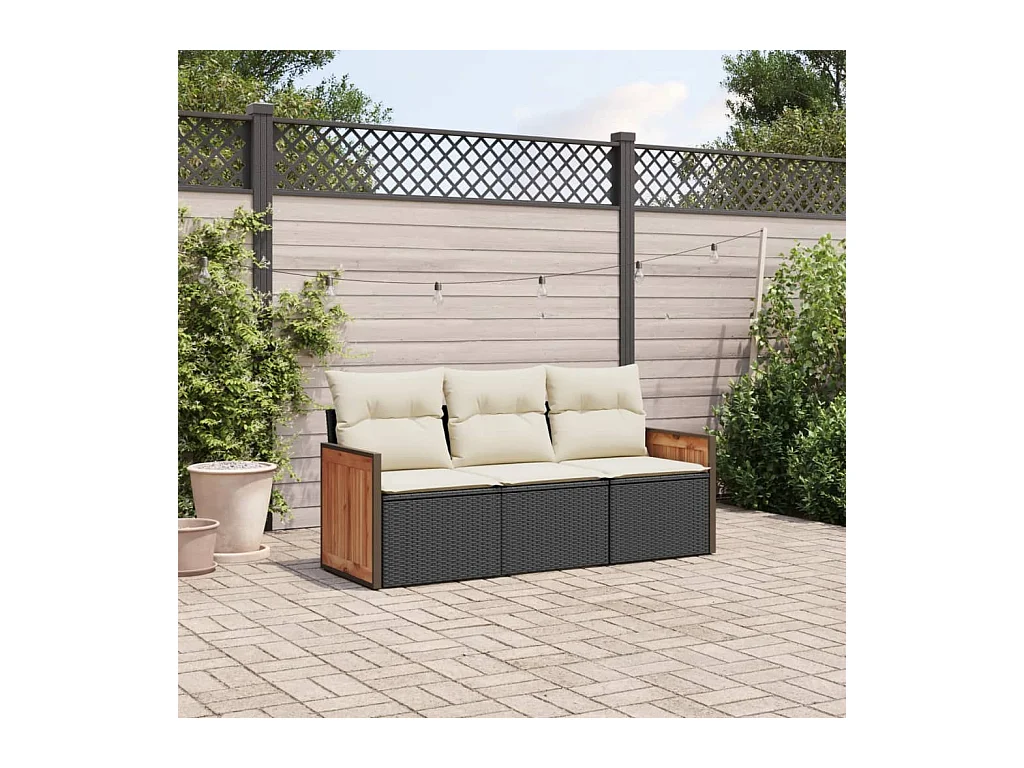 Salon de jardin 3 pcs avec coussins noir résine tressée FR16238