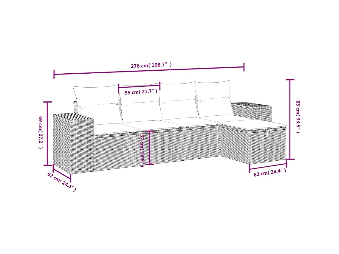 5 pcs conj. sofás jardim c/ almofadões vime PE bege misturado PT784650