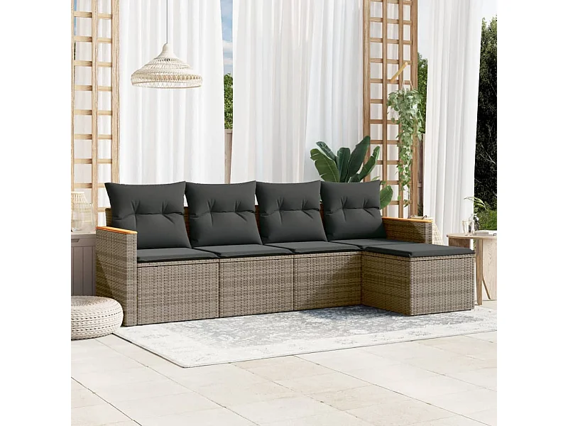 Salon de jardin 5 pcs avec coussins gris résine tressée FR10897