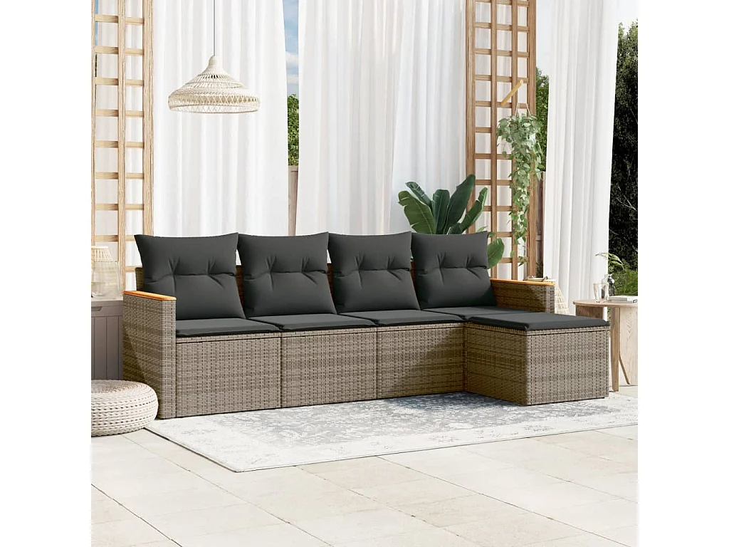 Salon de jardin 5 pcs avec coussins gris résine tressée FR10897