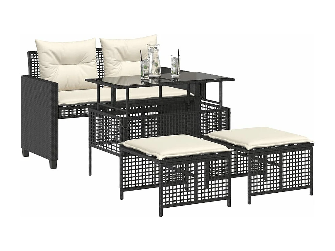 Salon de jardin avec coussins 4 pcs noir résine tressée verre FR78874